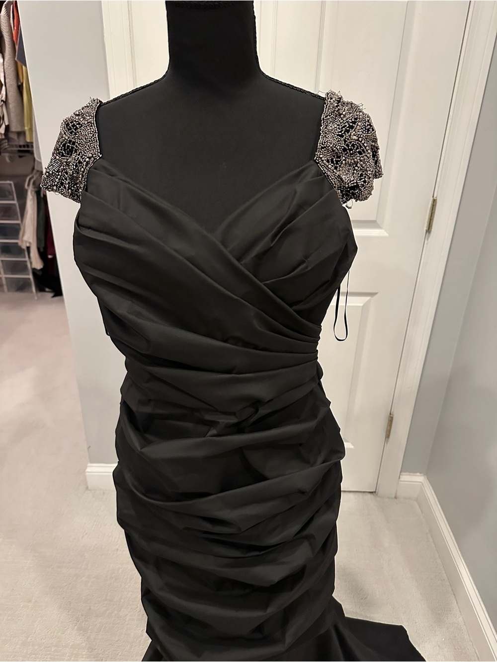 Teri Jon Black Ruched Evening Gown with Beaded Cap Sleeves